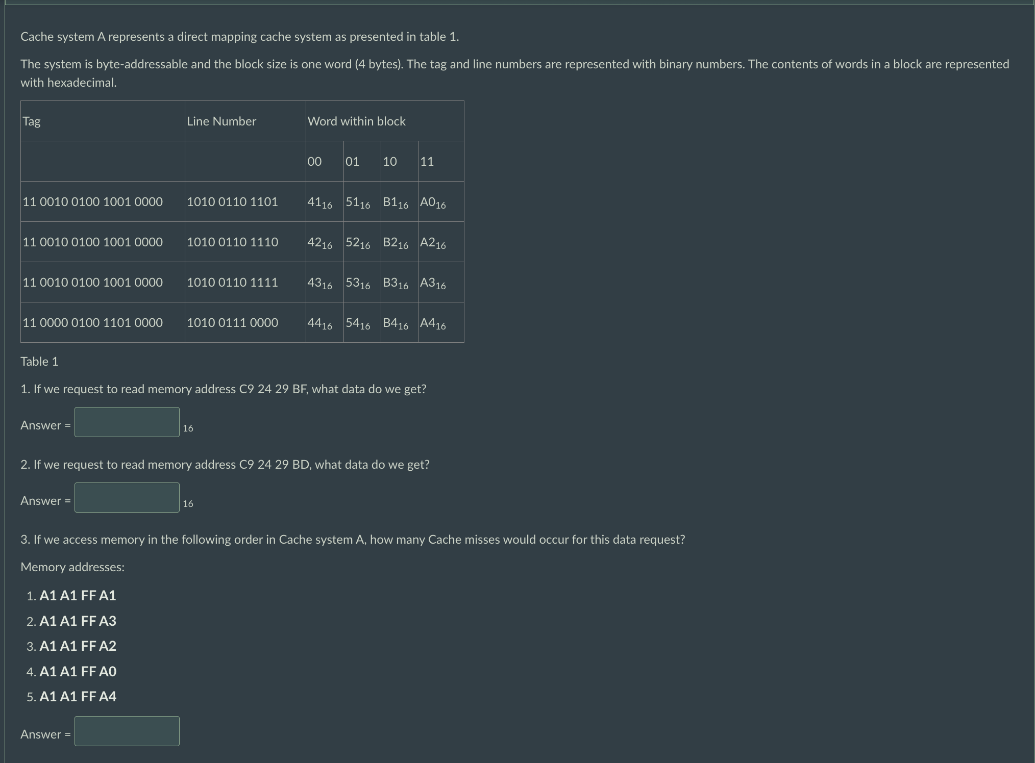 Cache system A represents a direct mapping cache