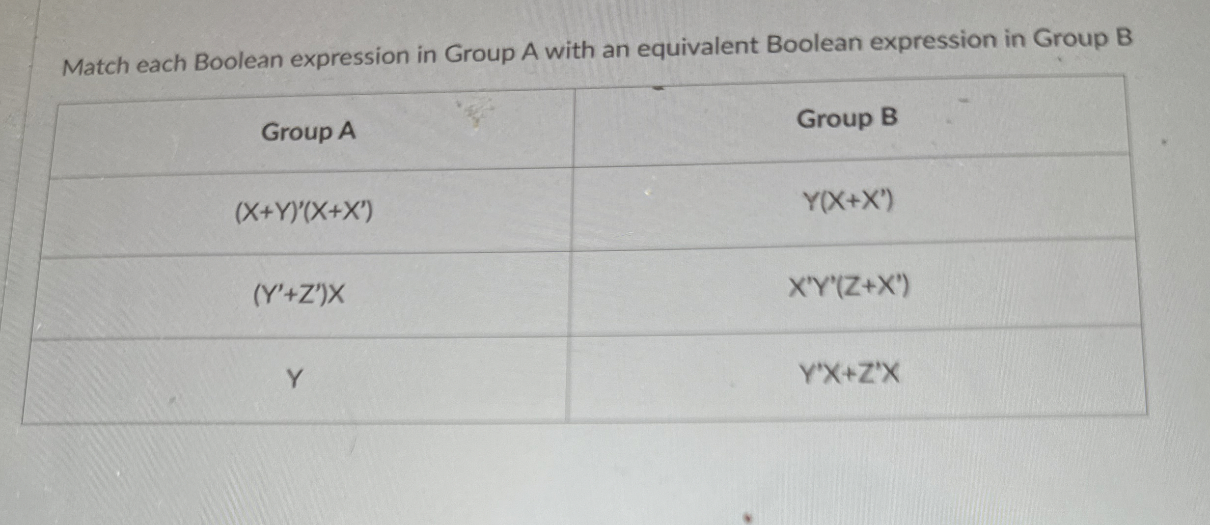 Match each Boolean expression in Group A with an