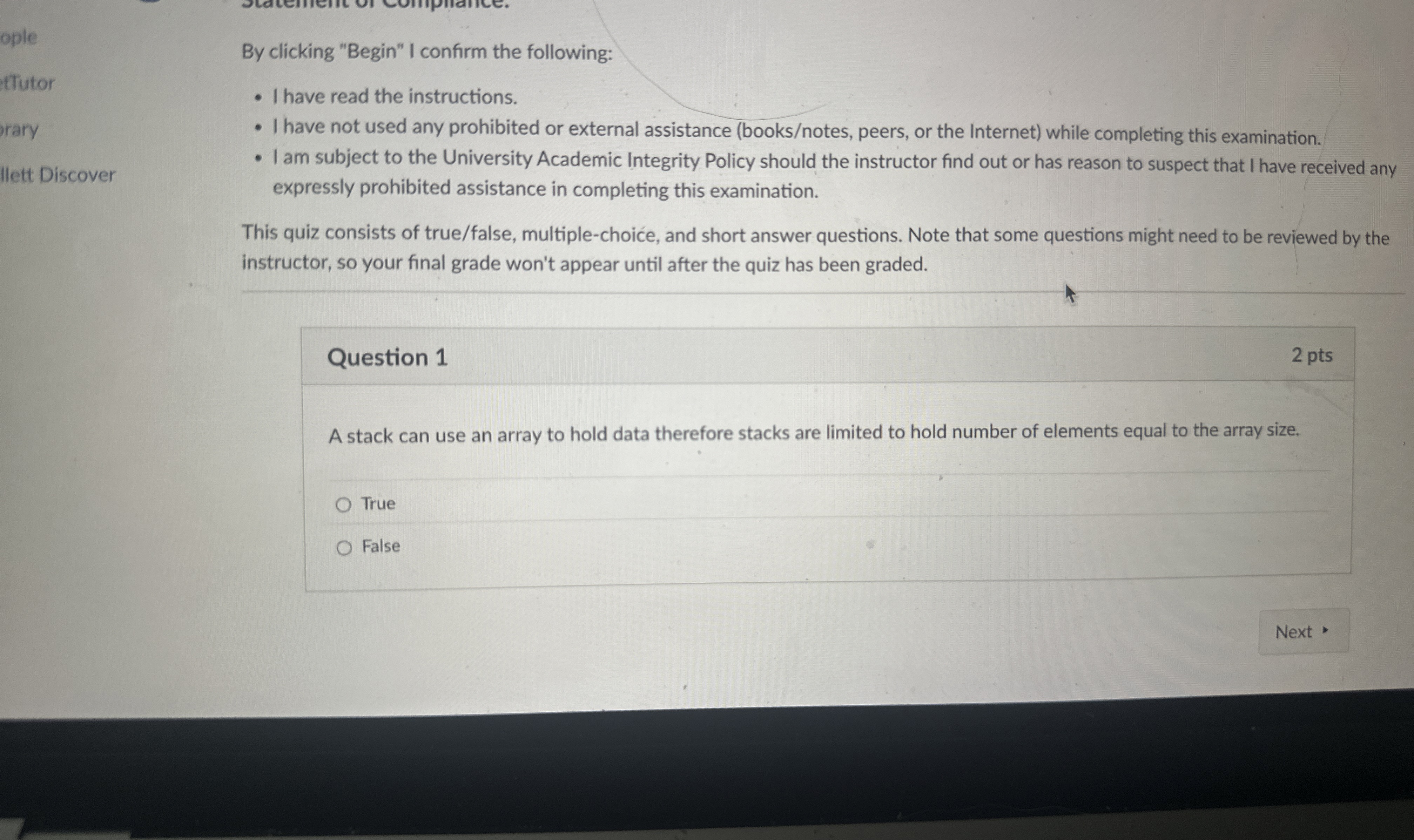 Question 1 A stack can use an array to hold data