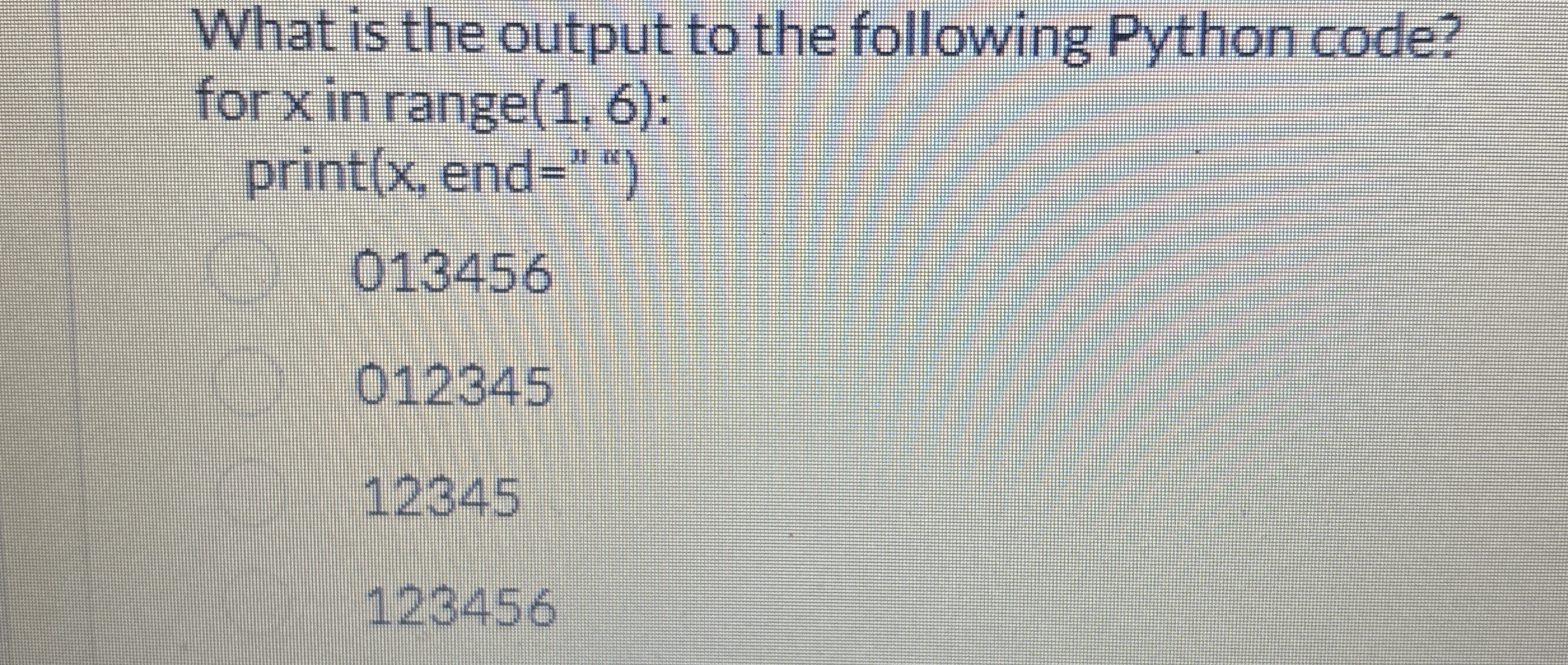What is the output to the following Python code?