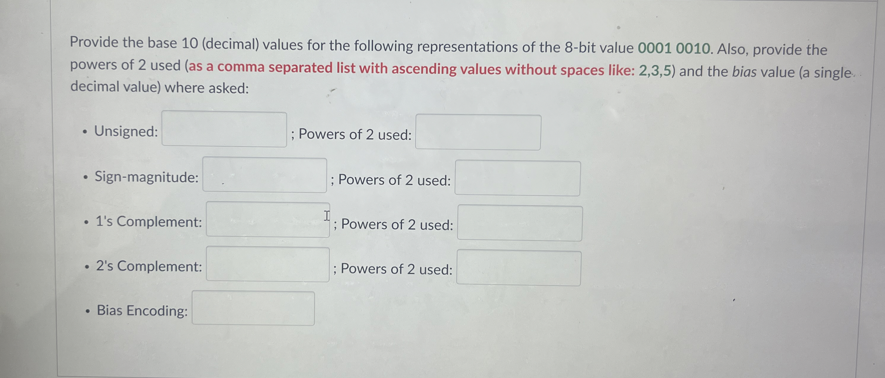 Provide the base 1 0 ( decimal ) values for the