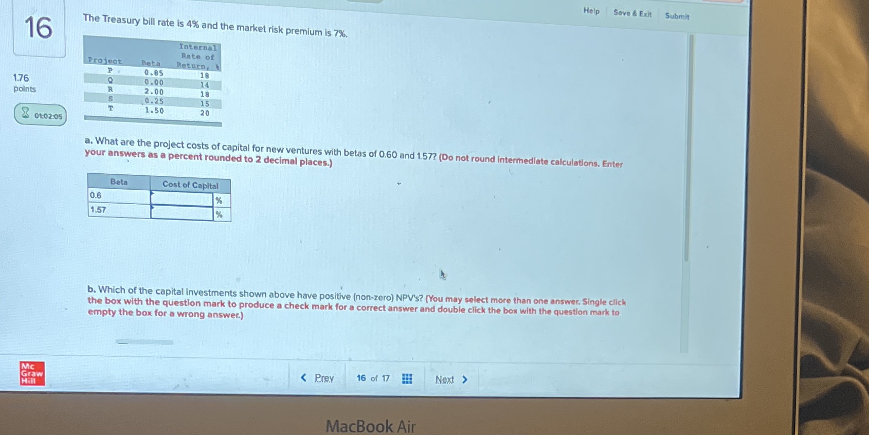 Help Save & Exit Submit 16 The Treasury bill rate