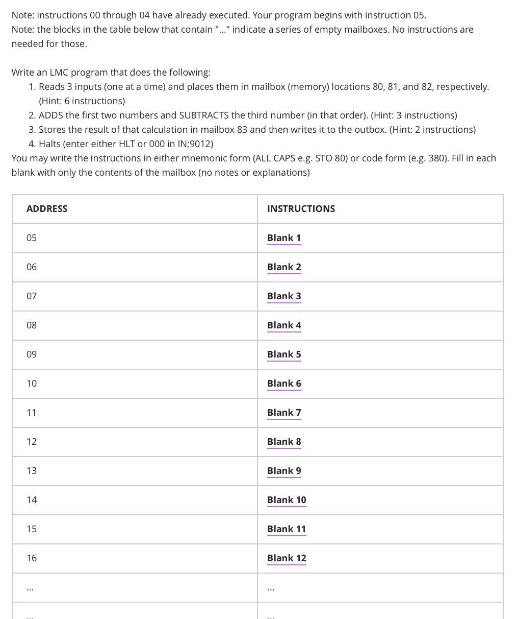 Note: instructions 0 0 through 0 4 have already