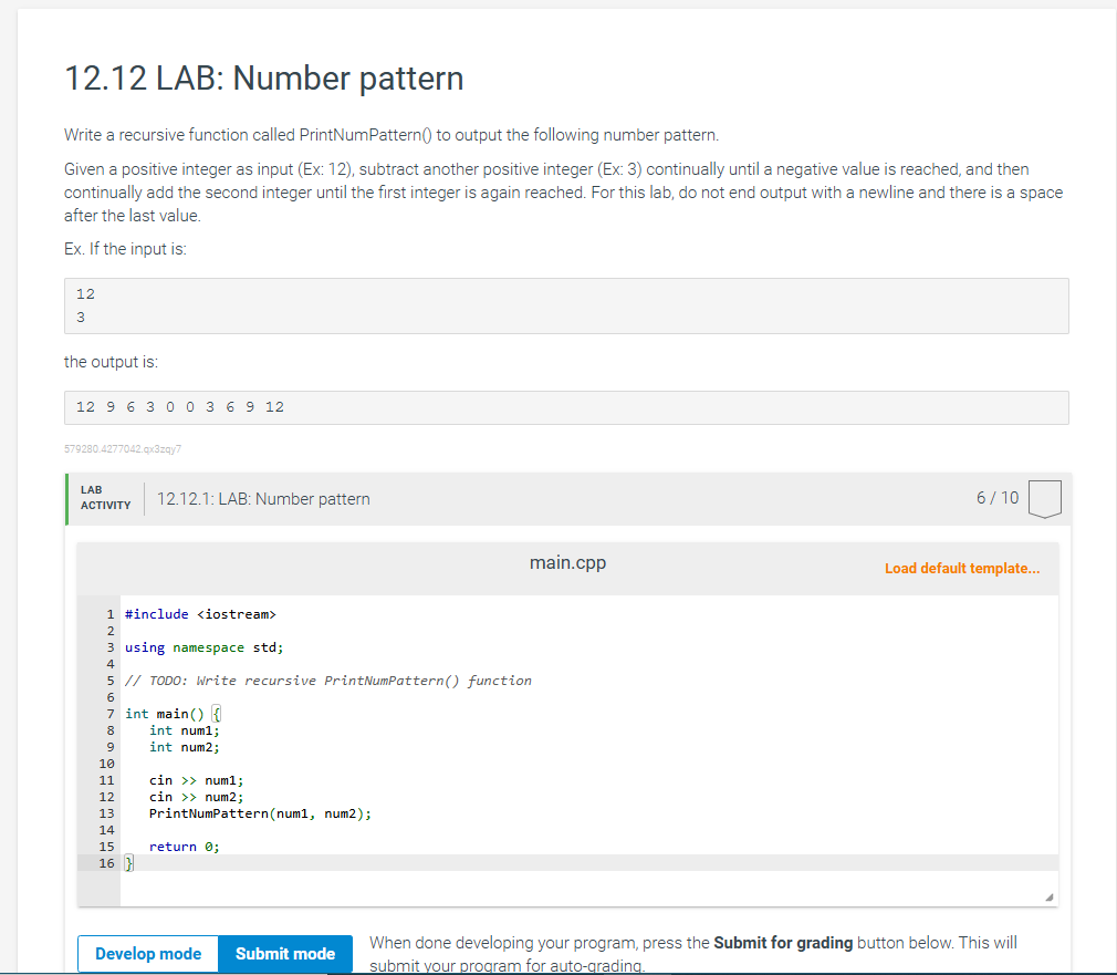 1 2 . 1 2 LAB: Number pattern Write a recursive
