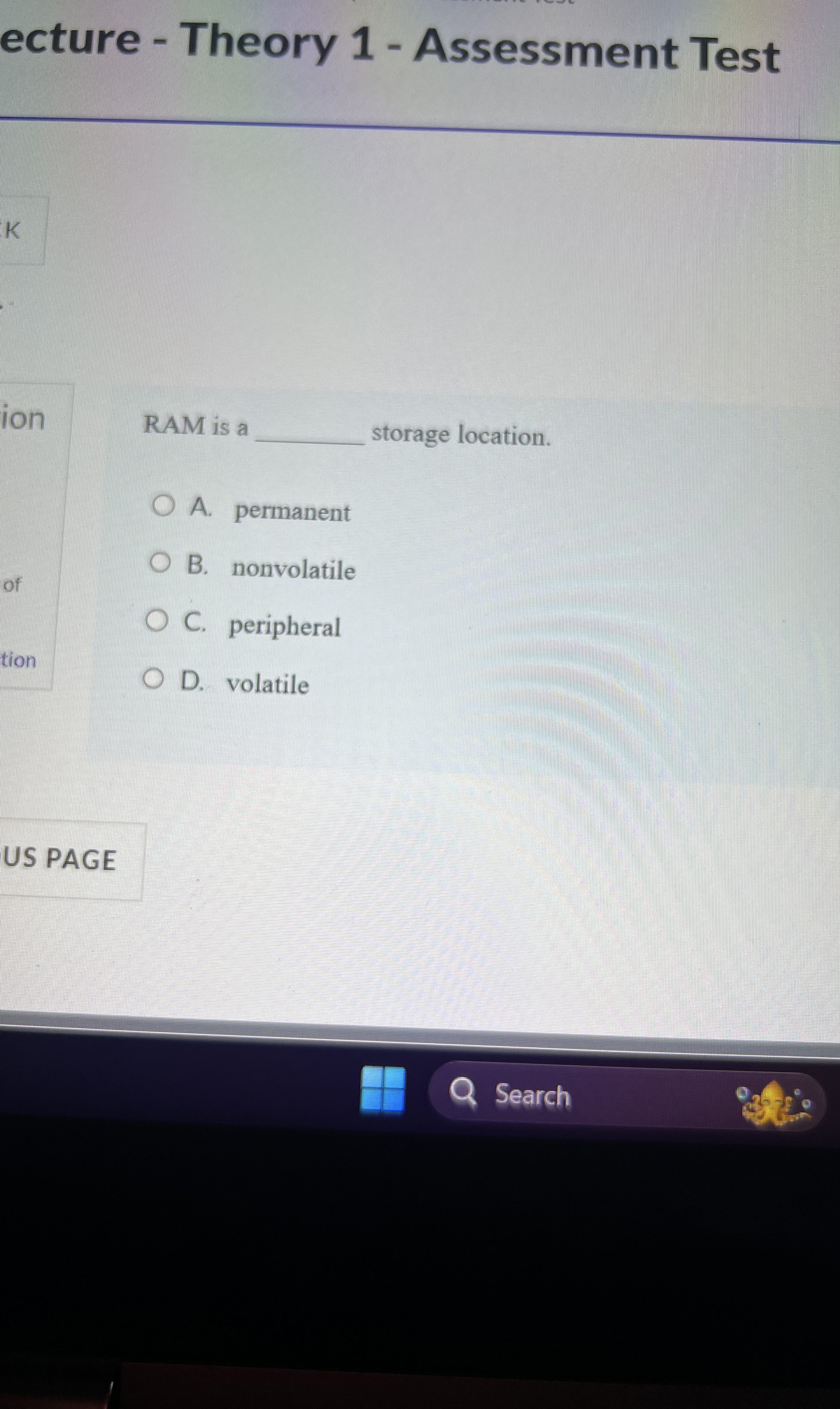 ecture - Theory 1 - Assessment Test RAM is a