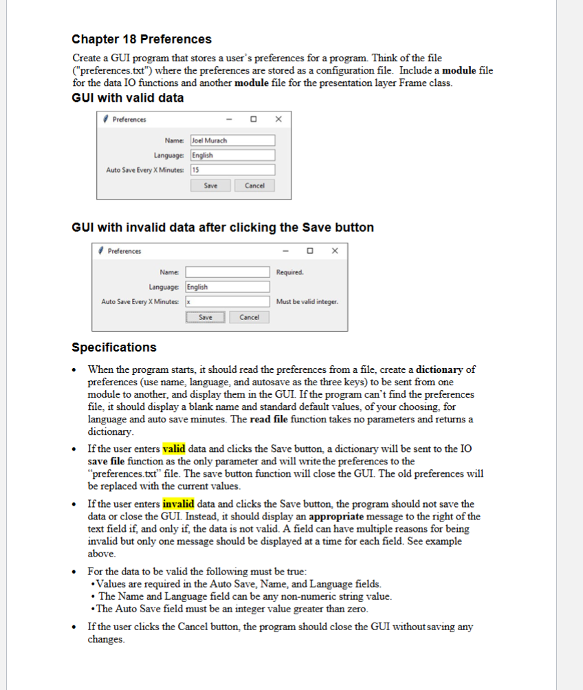 Chapter 1 8 Preferences Create a GUI program that
