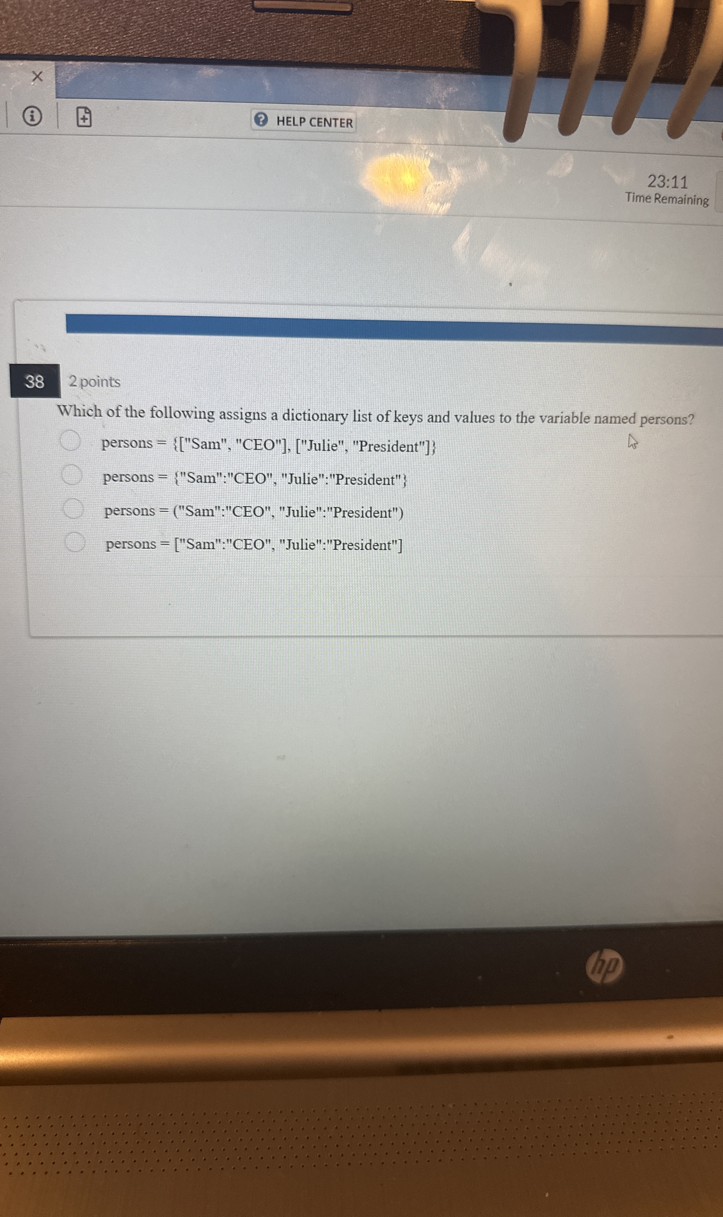HELP CENTER 2 3 : 1 1 Time Remaining 3 8 2 points