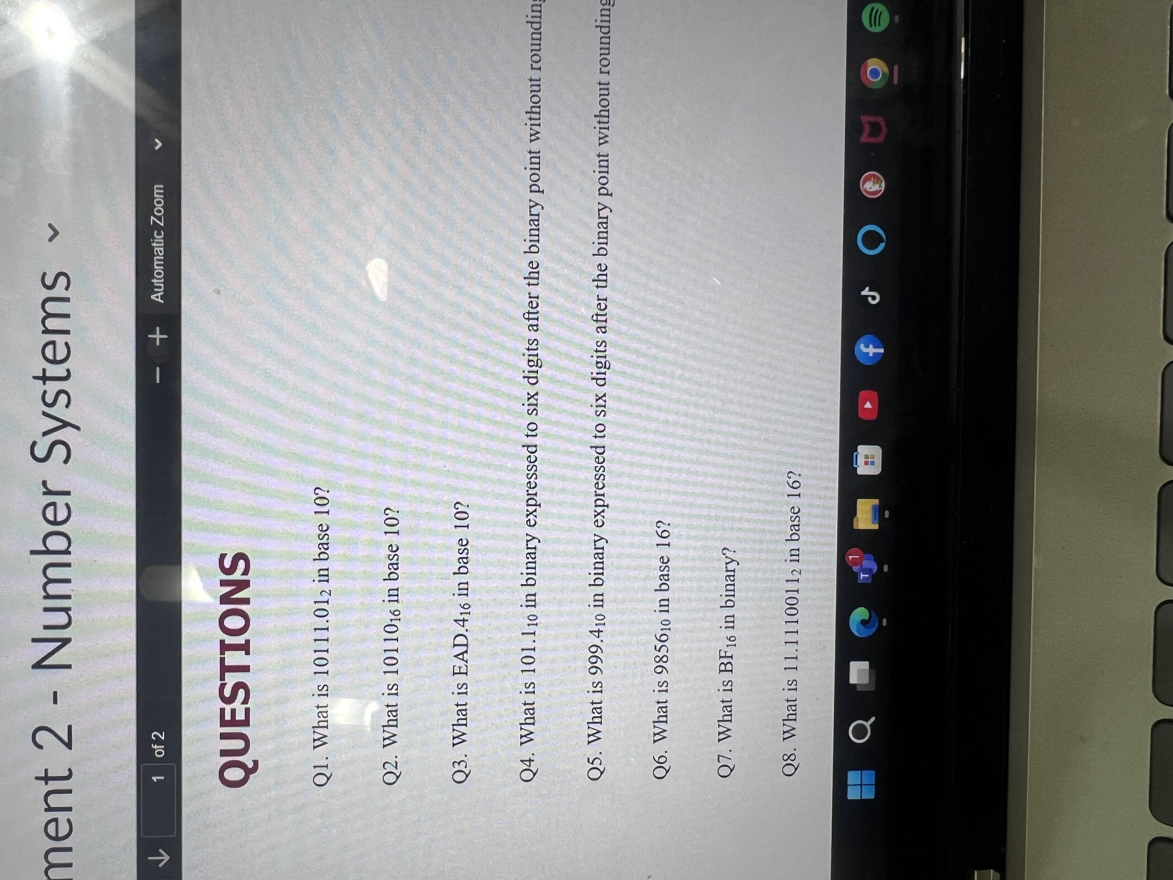 ment 2 - Number Systems QUESTIONS Q 1 . What is 1