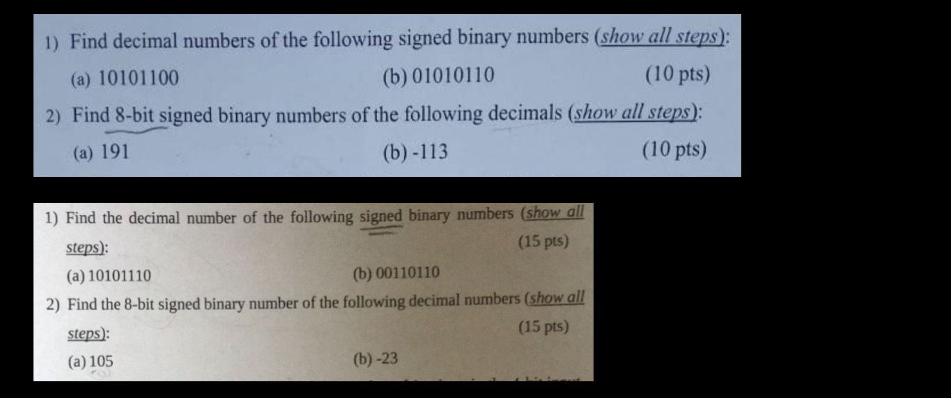 Find decimal numbers of the following signed