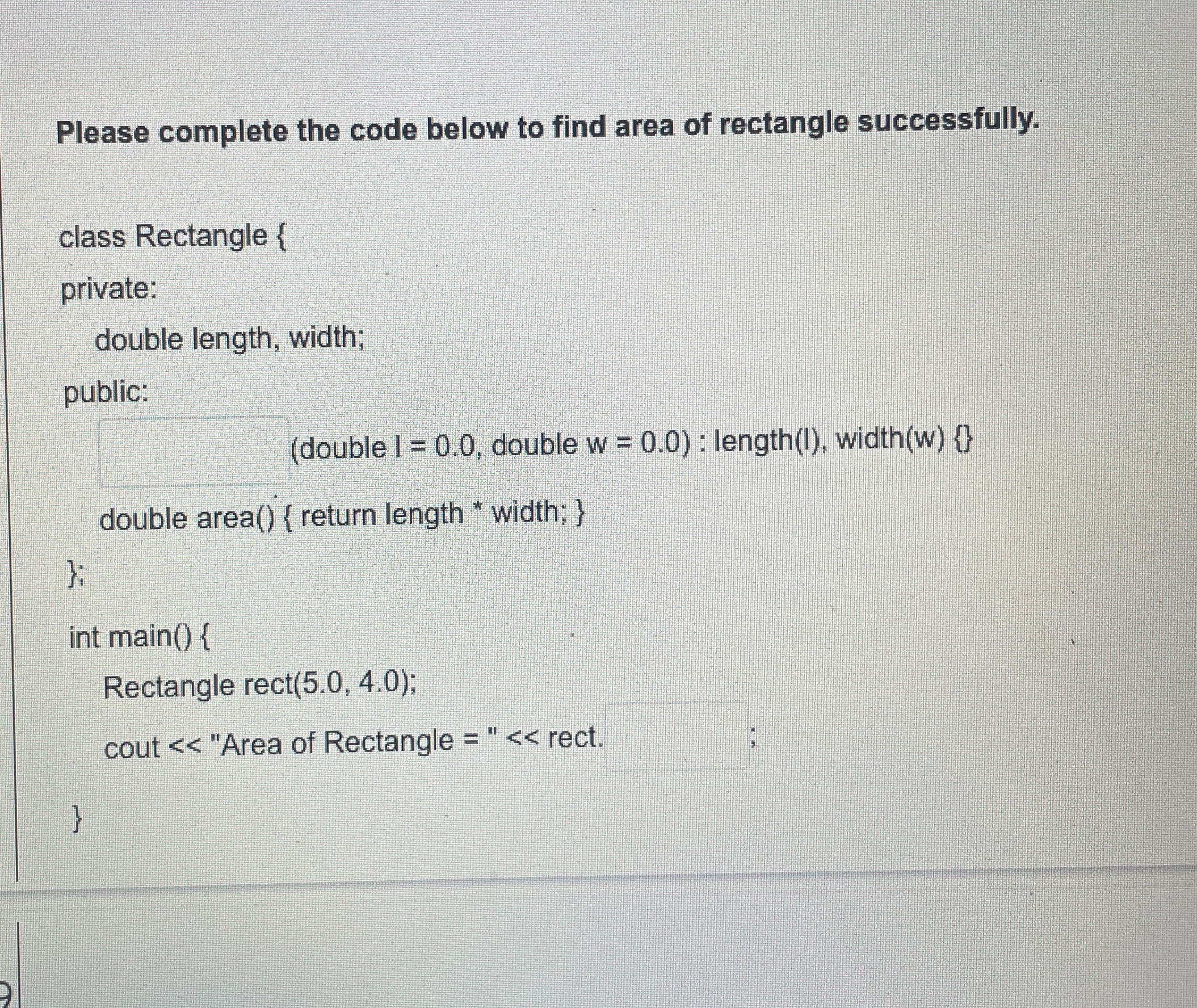 Please complete the code below to find area of