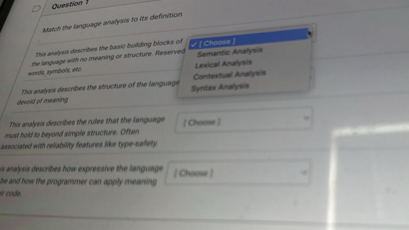 Question 1 Match the language analysis to its
