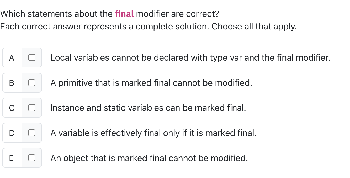 Which statements about the final modifier are