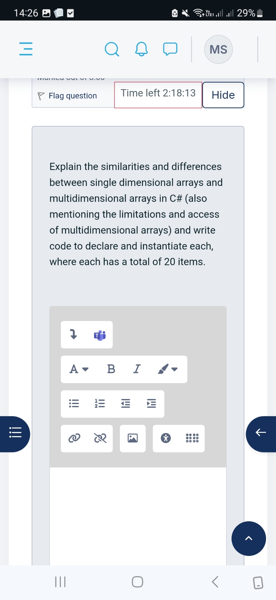 1 4 : 2 6 2 9 % q , MS Flag question Time left 2
