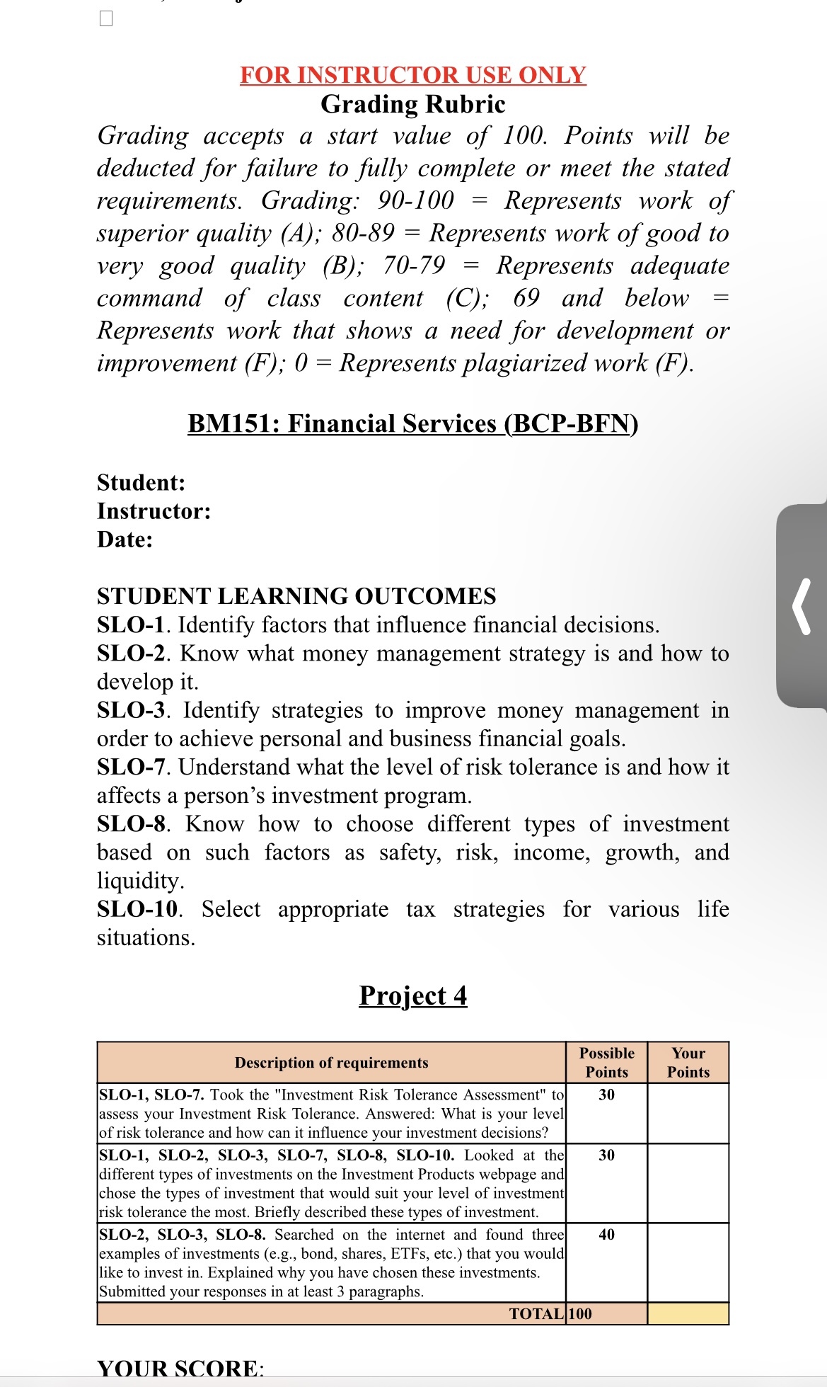 FOR INSTRUCTOR USE ONLY Grading Rubric Grading