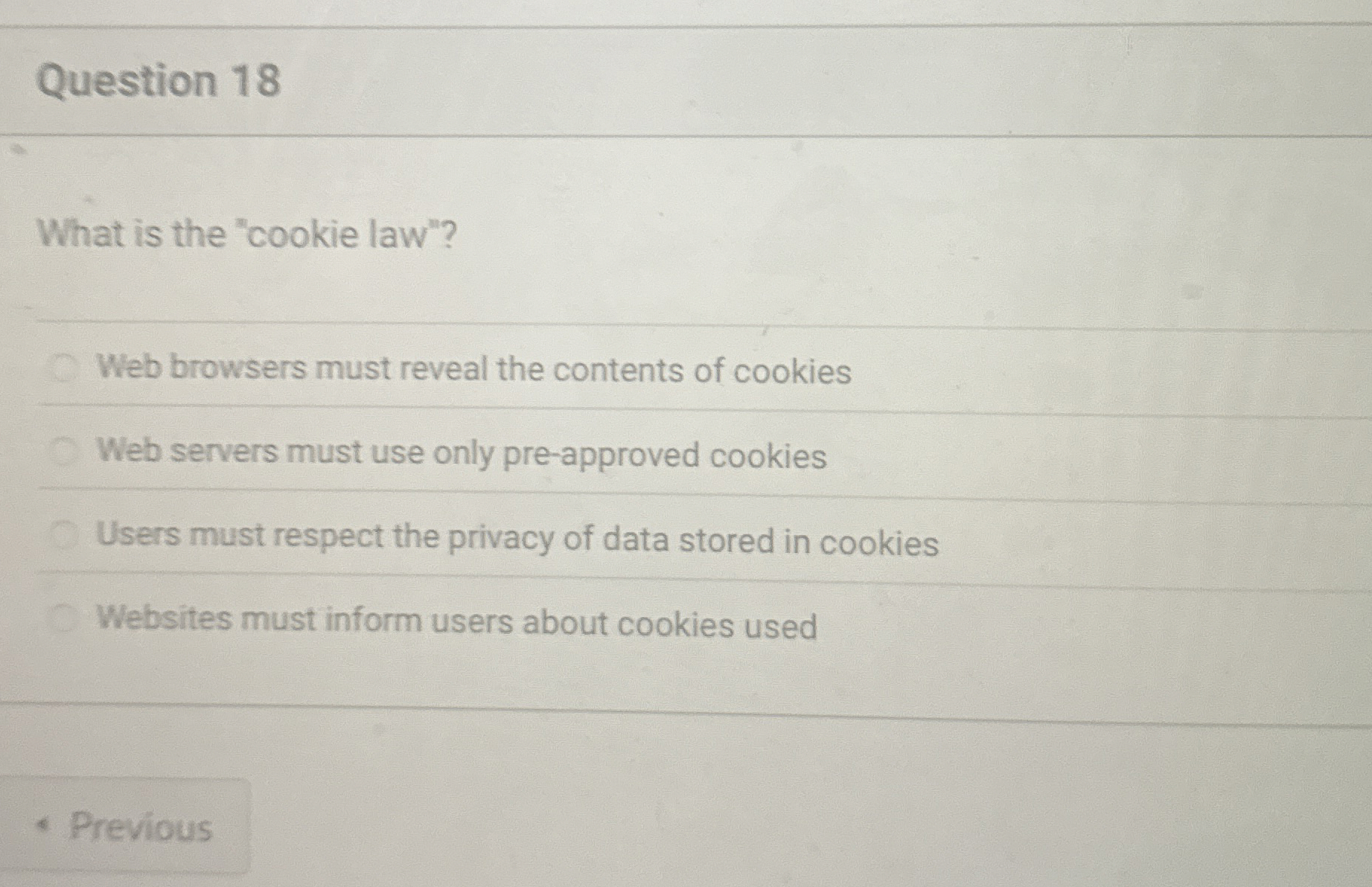 Question 1 8 What is the "cookie law"? Web