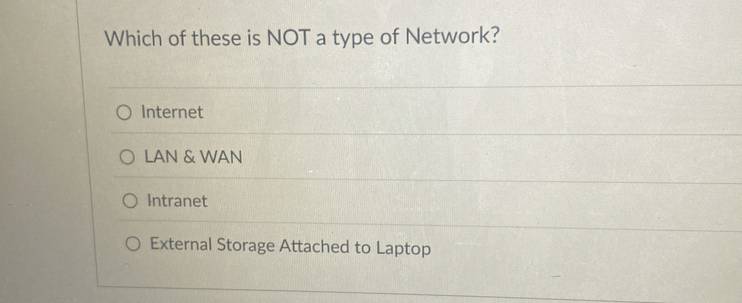 Which of these is NOT a type of Network? Internet