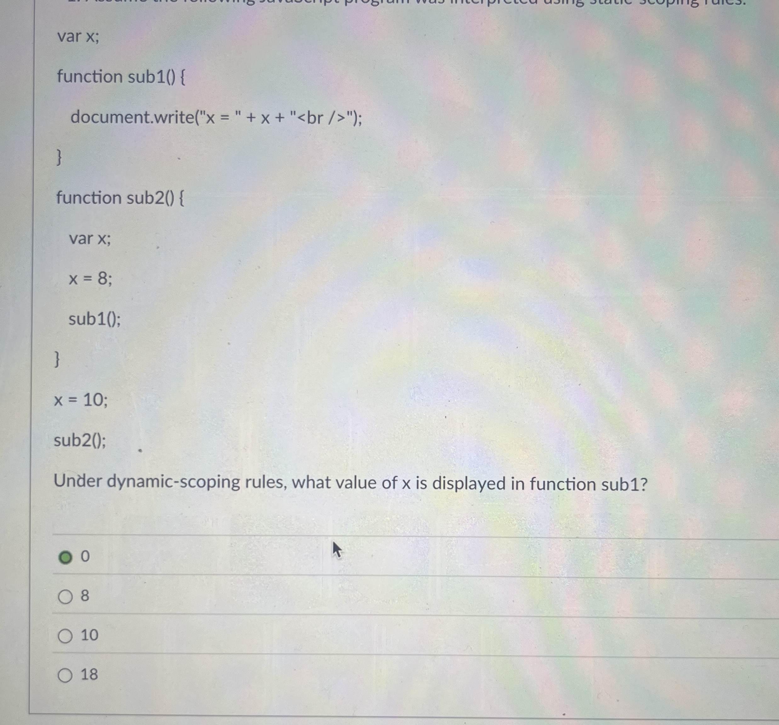 var x ; function sub 1 ( ) { document.write ( " x