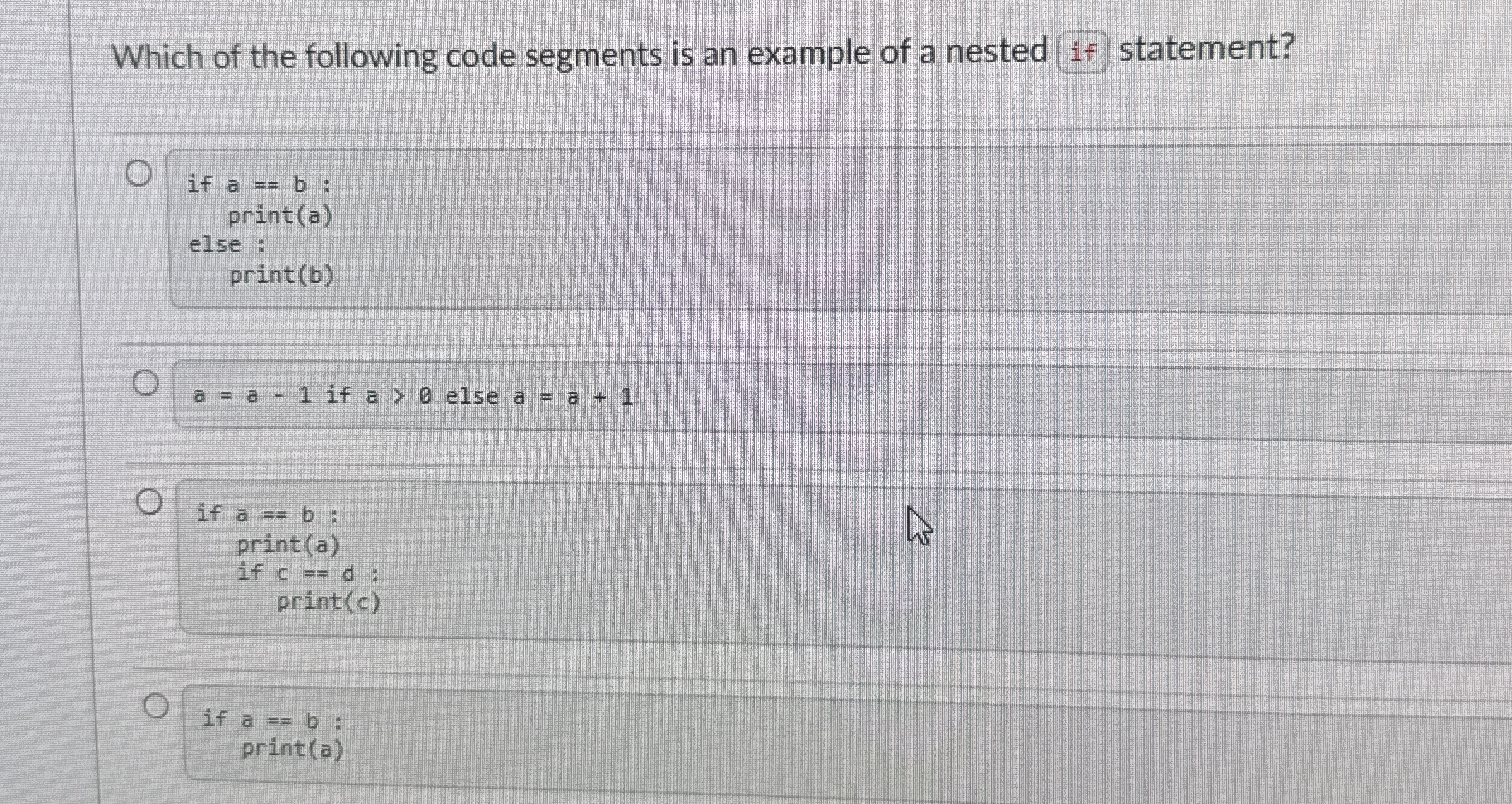 Which of the following code segments is an