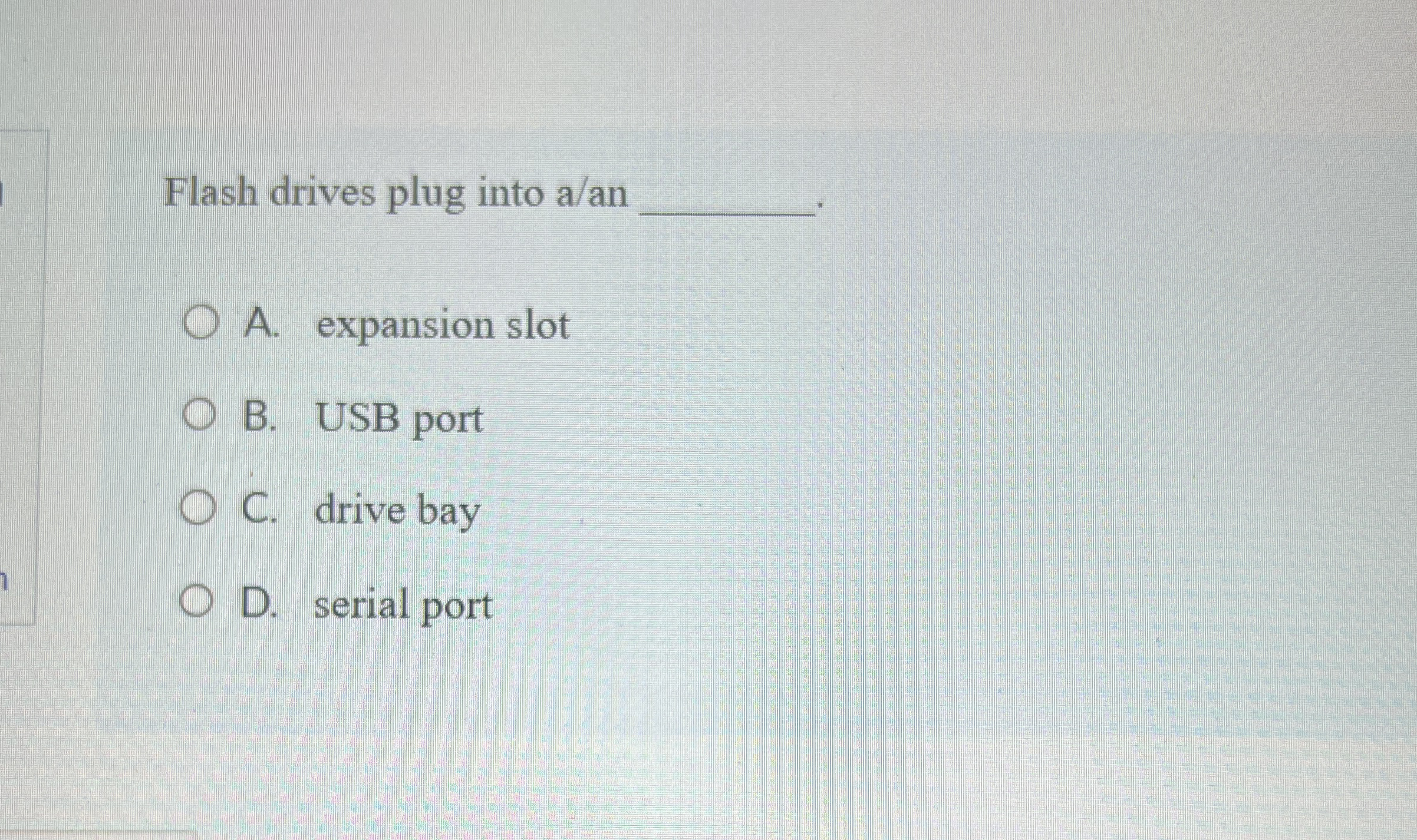 Flash drives plug into a / an A . expansion slot
