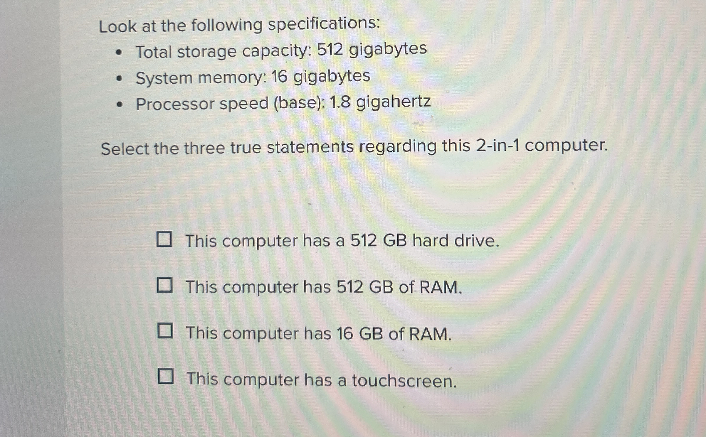 Look at the following specifications: Total