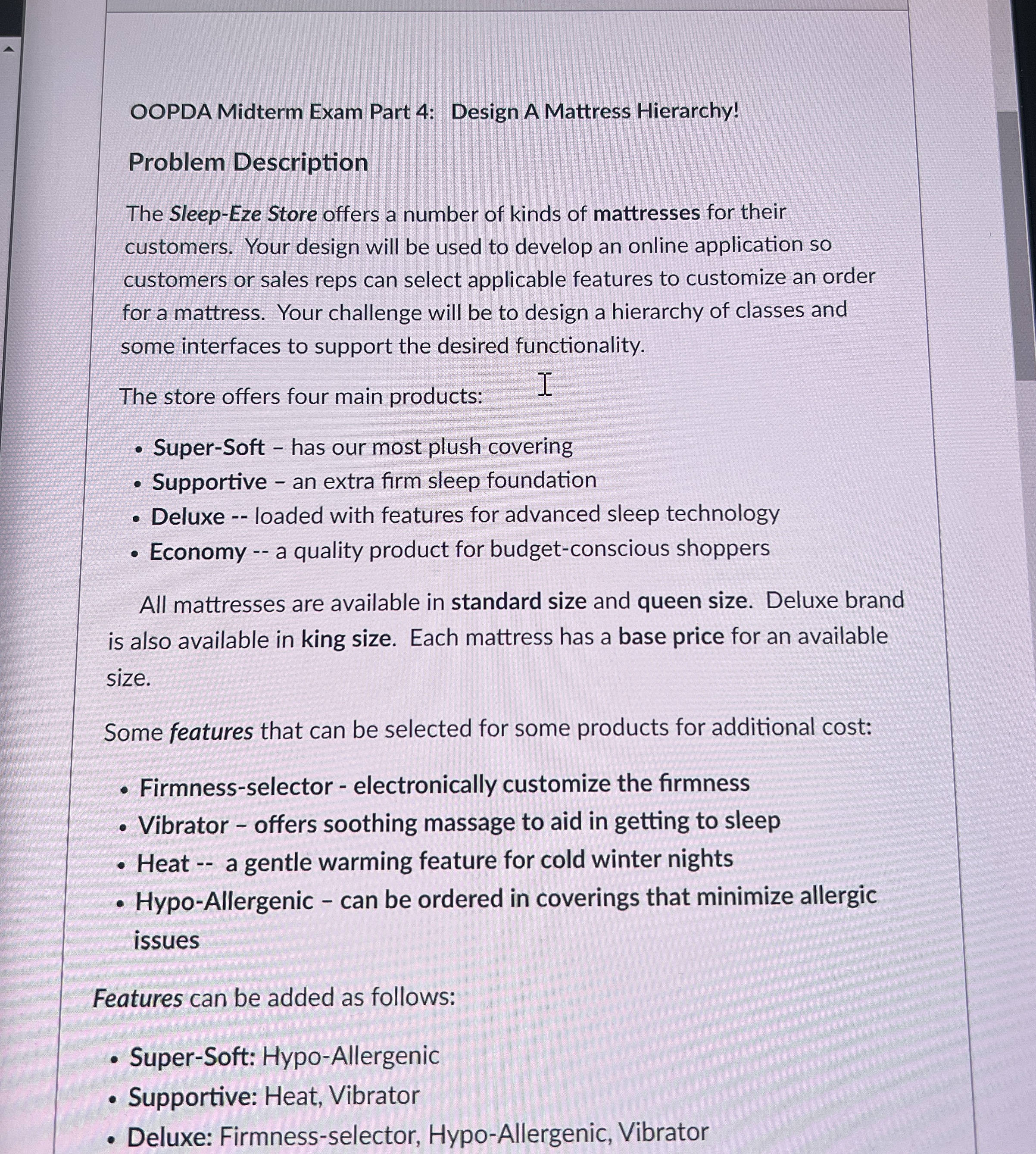 OOPDA Midterm Exam Part 4 : Design A Mattress