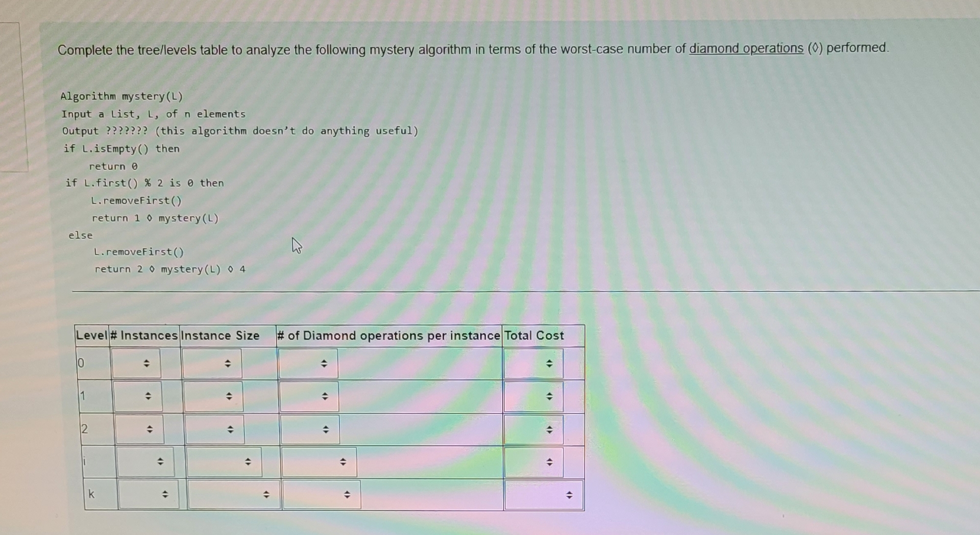 Complete the treellevels table to analyze the