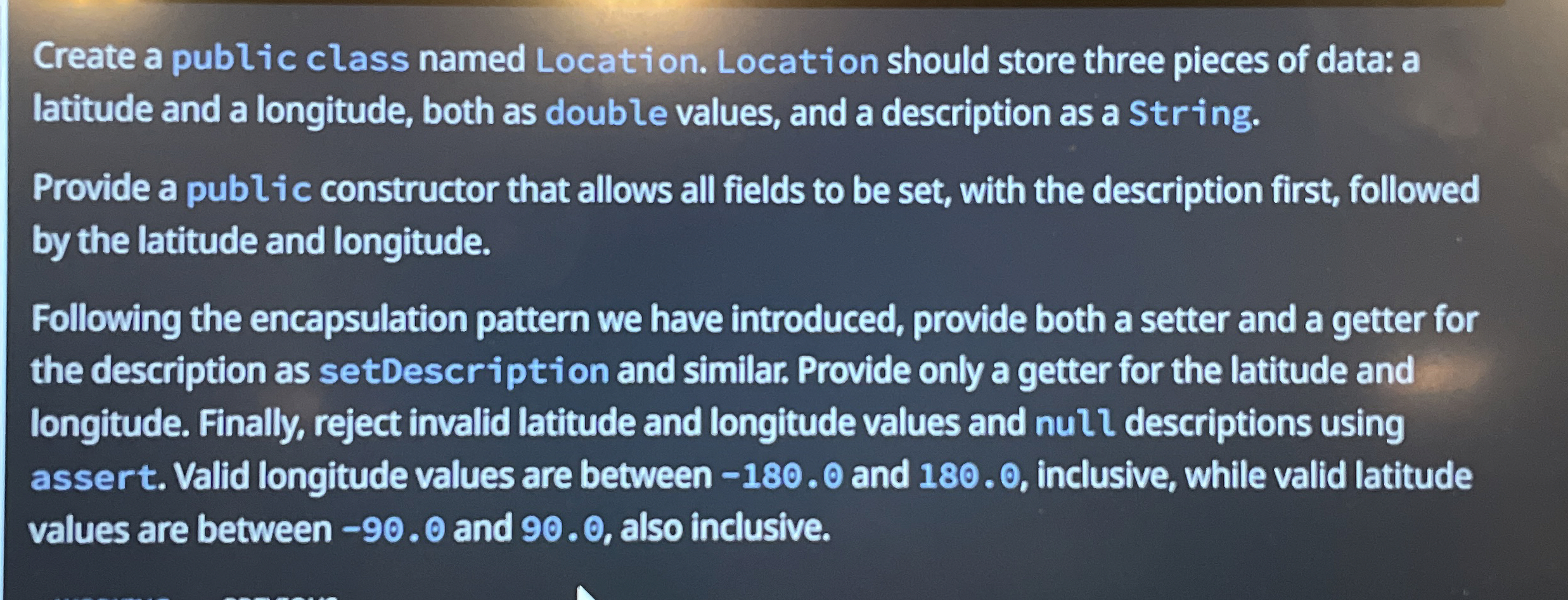 Create a public class named Location. Location