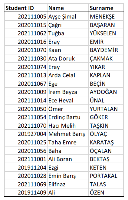 Student ID Name Surname 2 0 2 1 1 1 0 0 5 Ay e