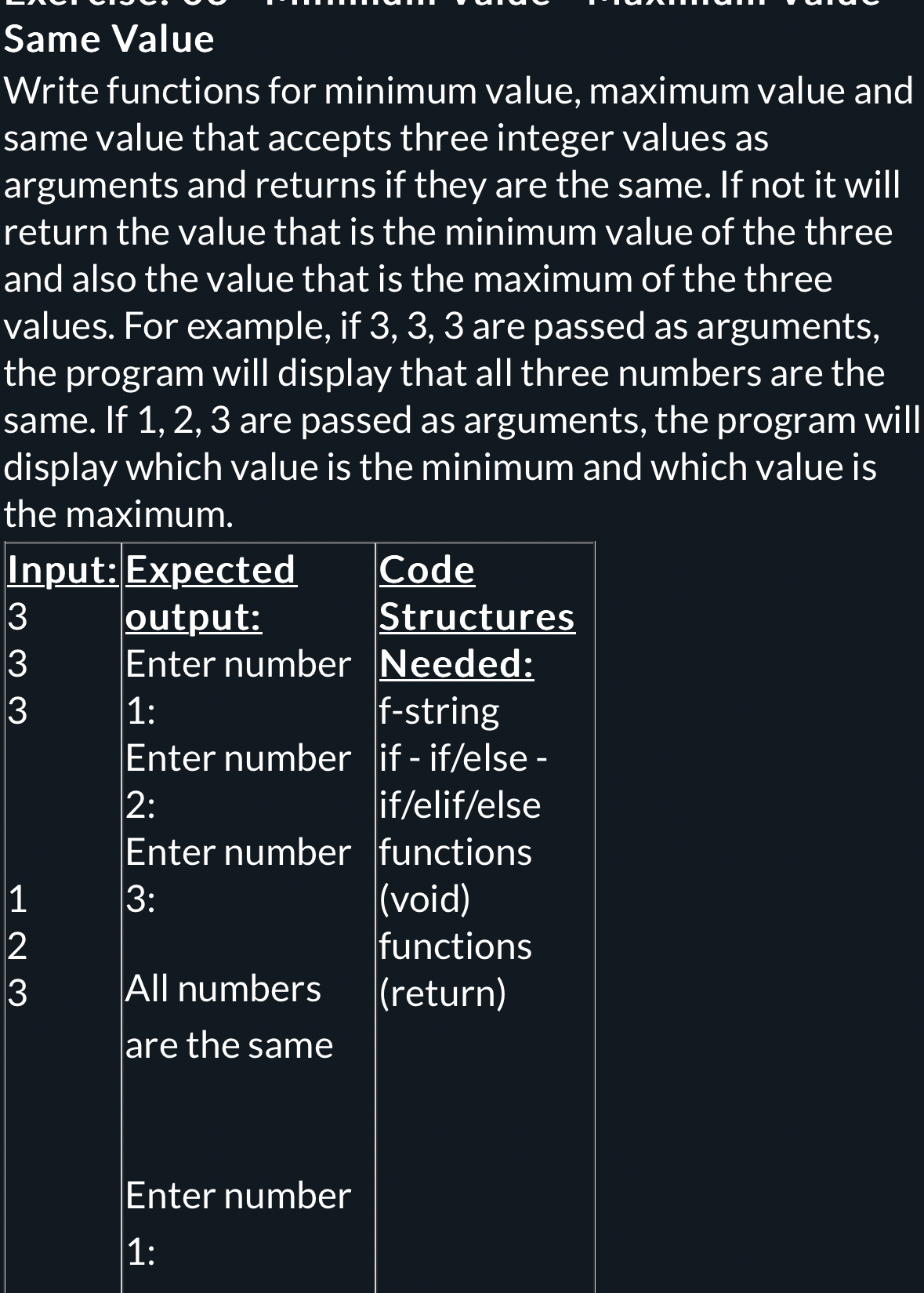 Same Value Write functions for minimum value,