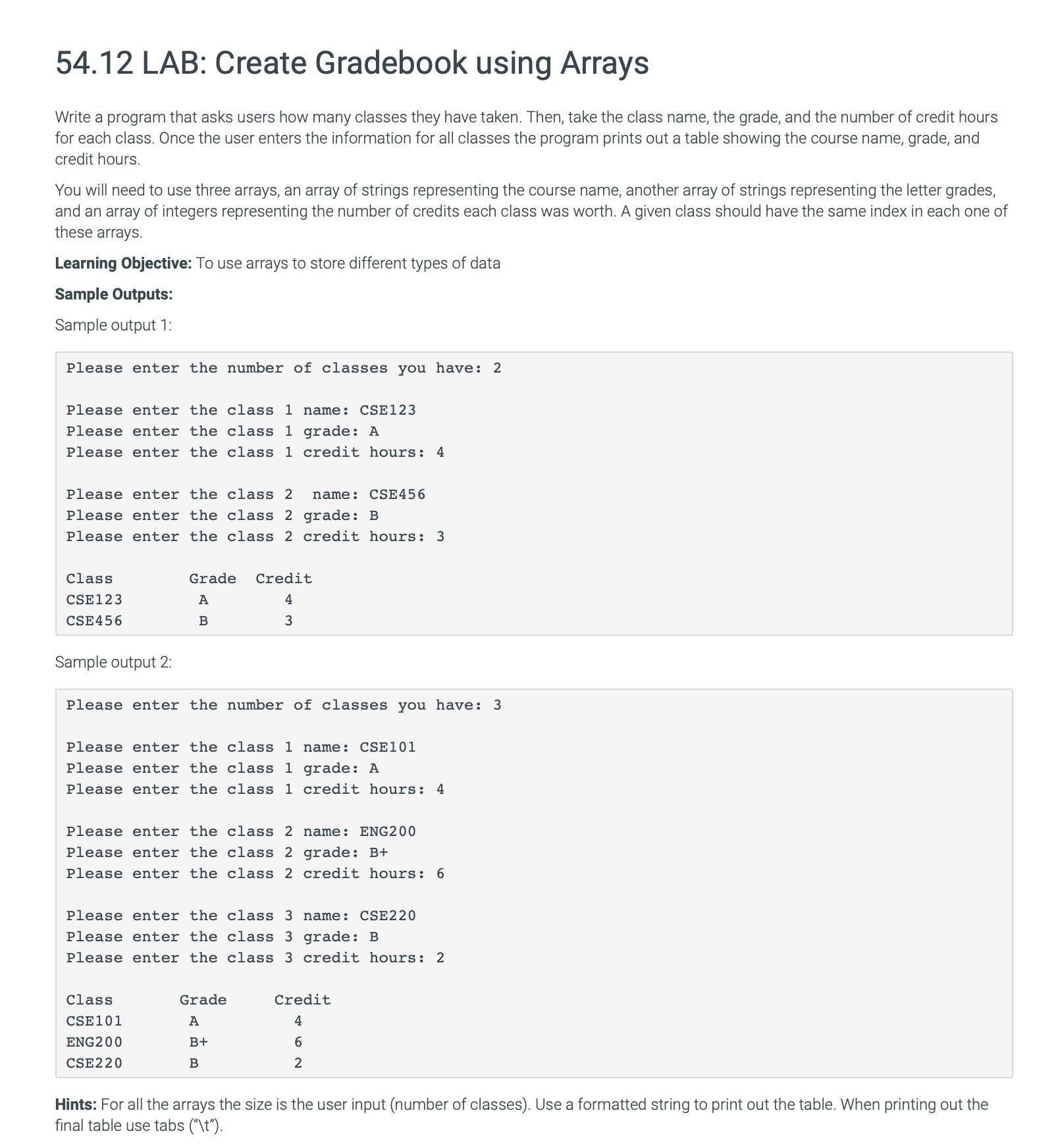 5 4 . 1 2 LAB: Create Gradebook using Arrays