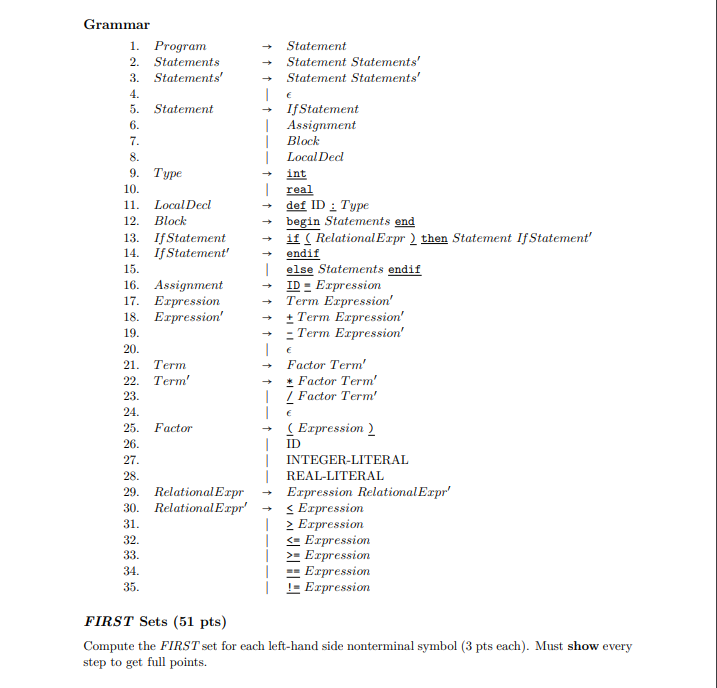 Grammar FIRST Sets ( 5 1 pts ) Compute the FIRST