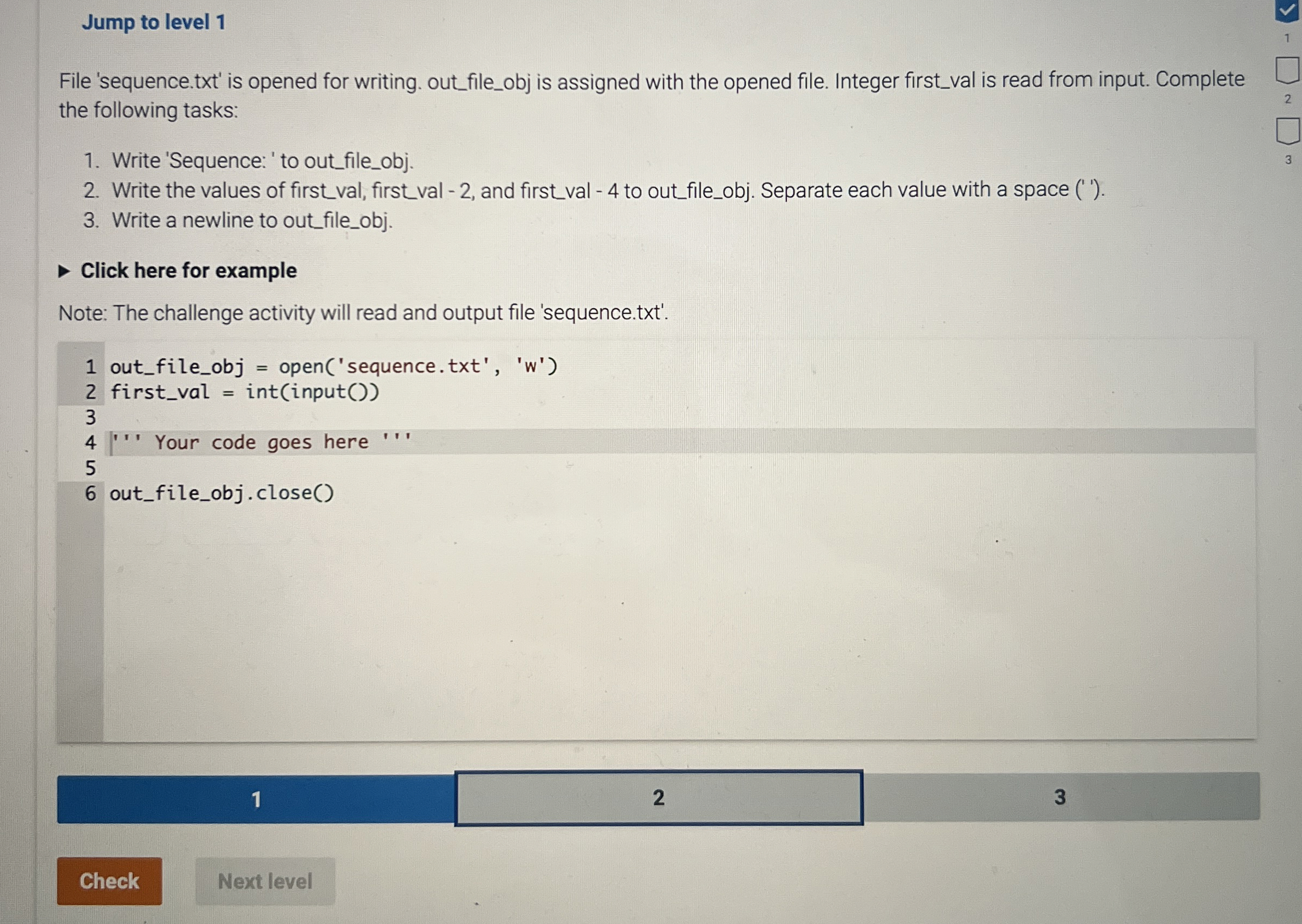 Jump to level 1 File 'sequence.txt ' is opened