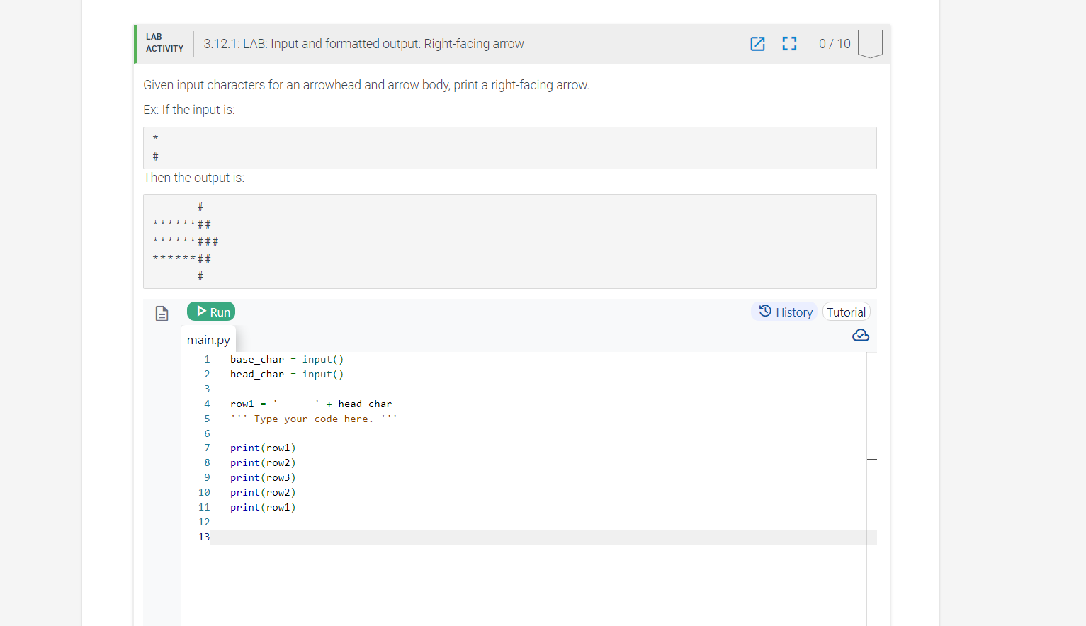 Given input characters for an arrowhead and arrow