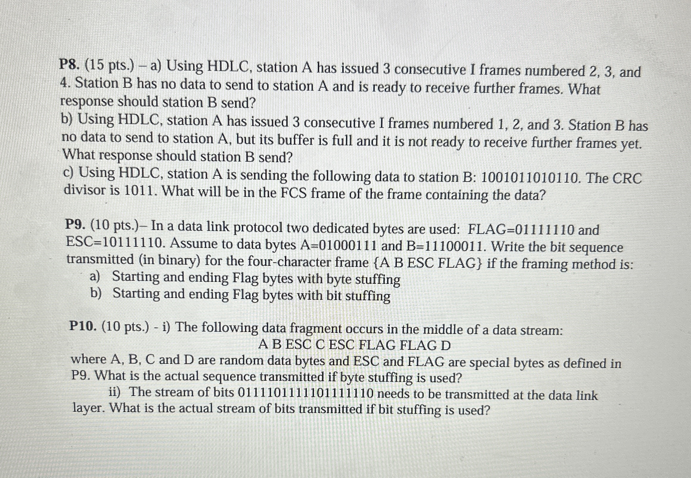P 8 . ( 1 5 pts . ) - a ) Using HDLC , station A