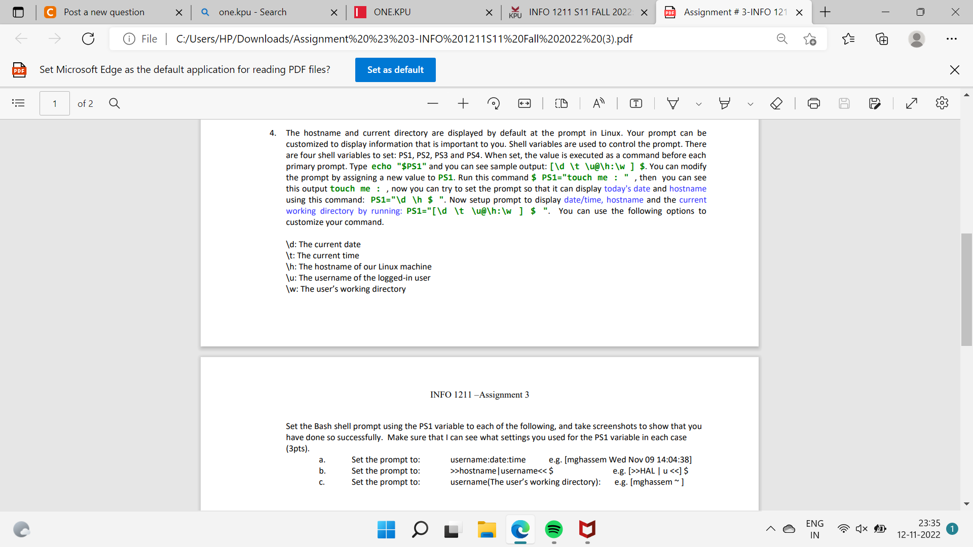 Customize the prompt with username, one $ , date,