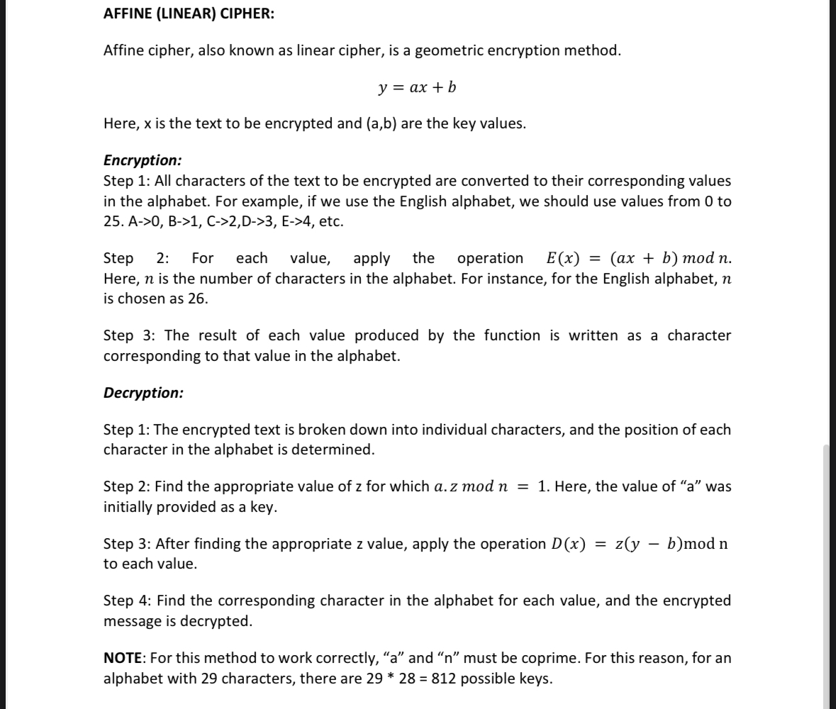 AFFINE ( LINEAR ) CIPHER: Affine cipher, also