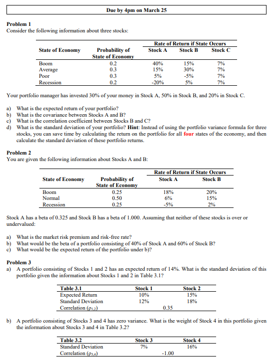 Due by 4pm on March 25 Problem 1 Consider the