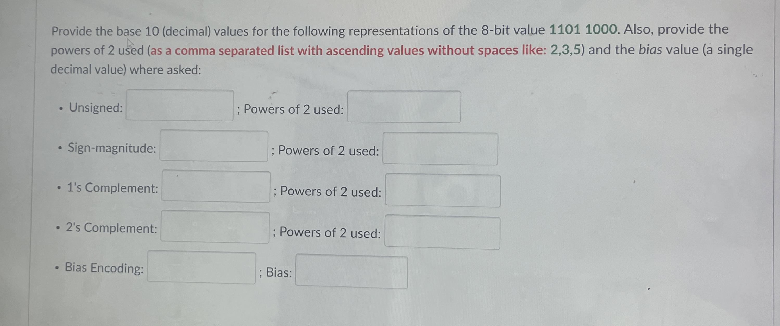 Provide the base 1 0 ( decimal ) values for the