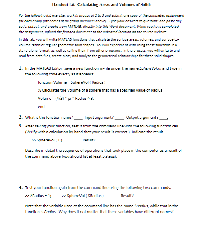 Handout L 6 . Calculating Areas and Volumes of