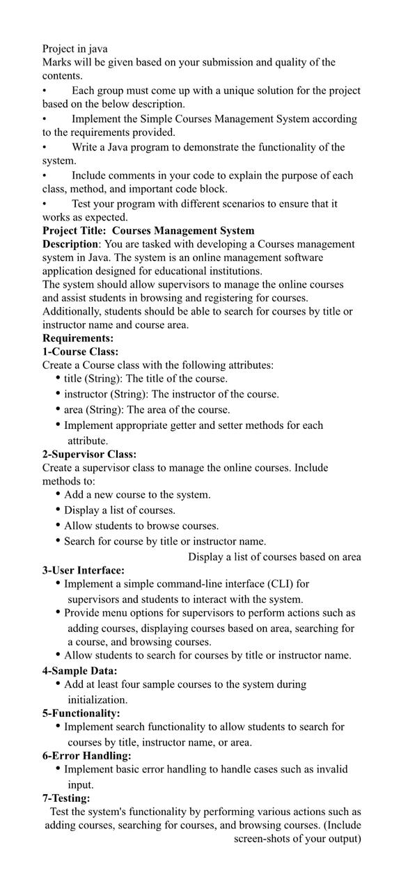 Project in java Marks will be given based on your