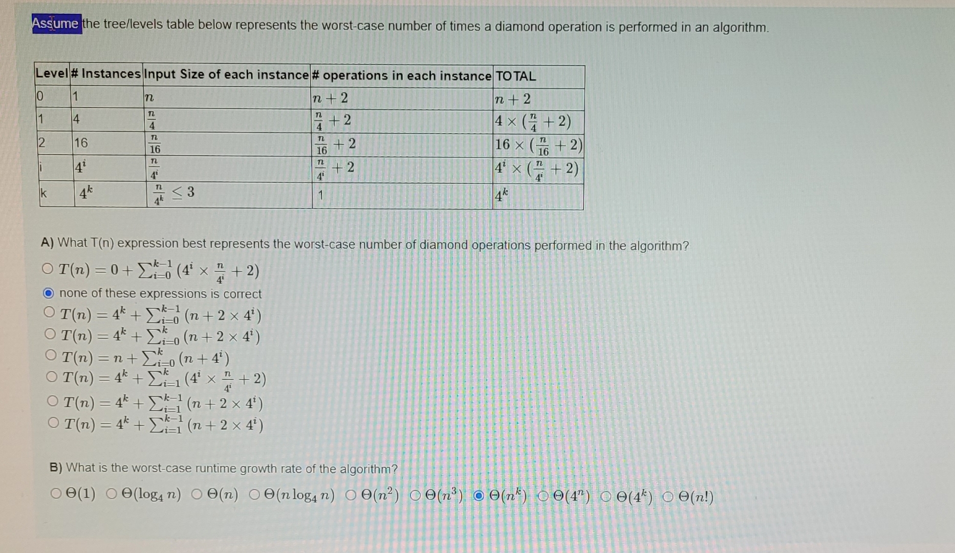 Assiume the tree / levels table below represents