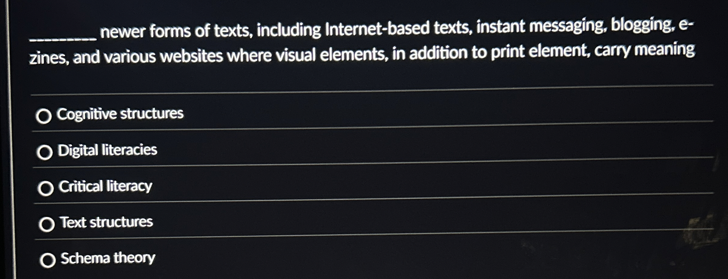 q , newer forms of texts, including Internet -