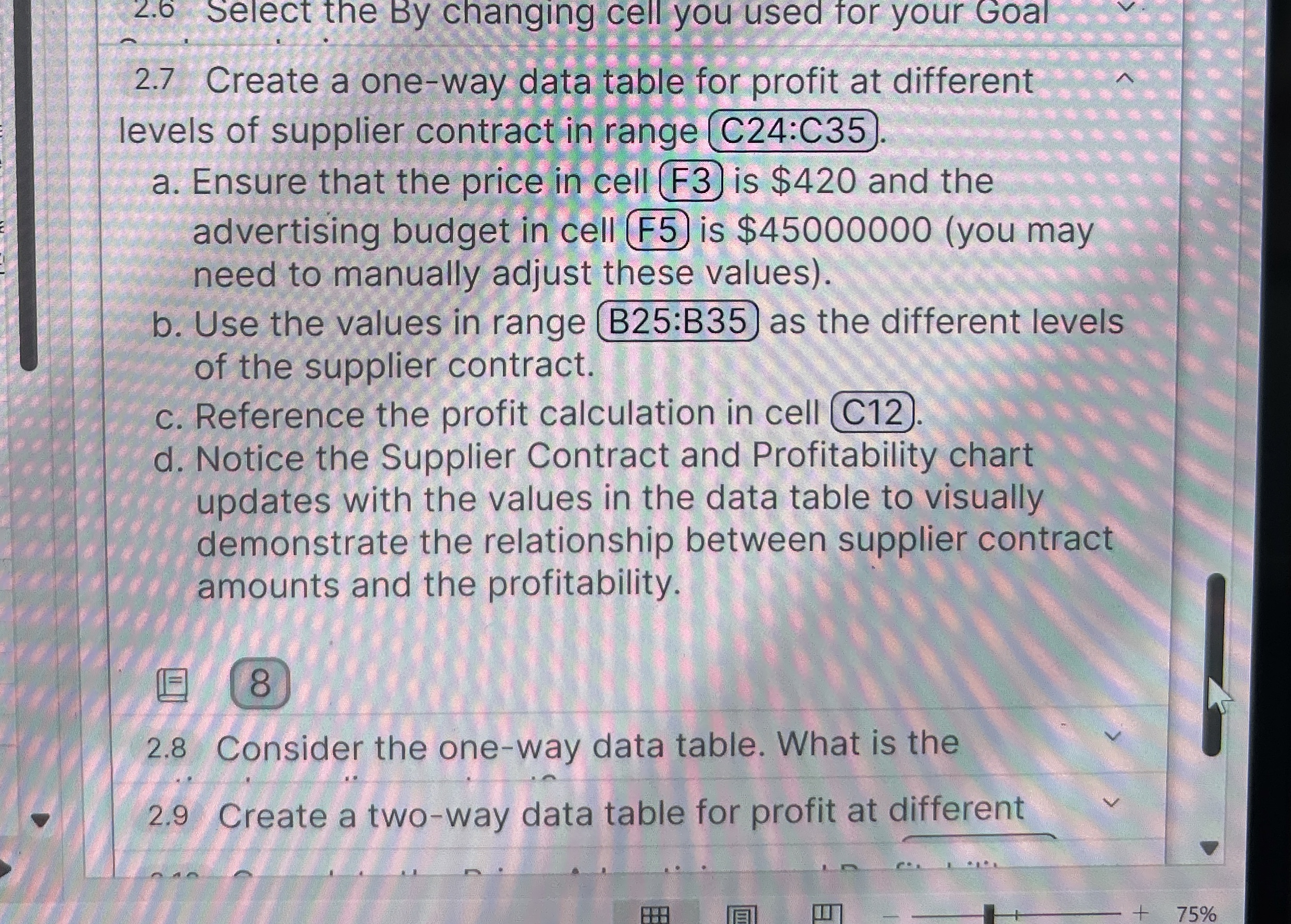 2 . 7 Create a one - way data table for profit at