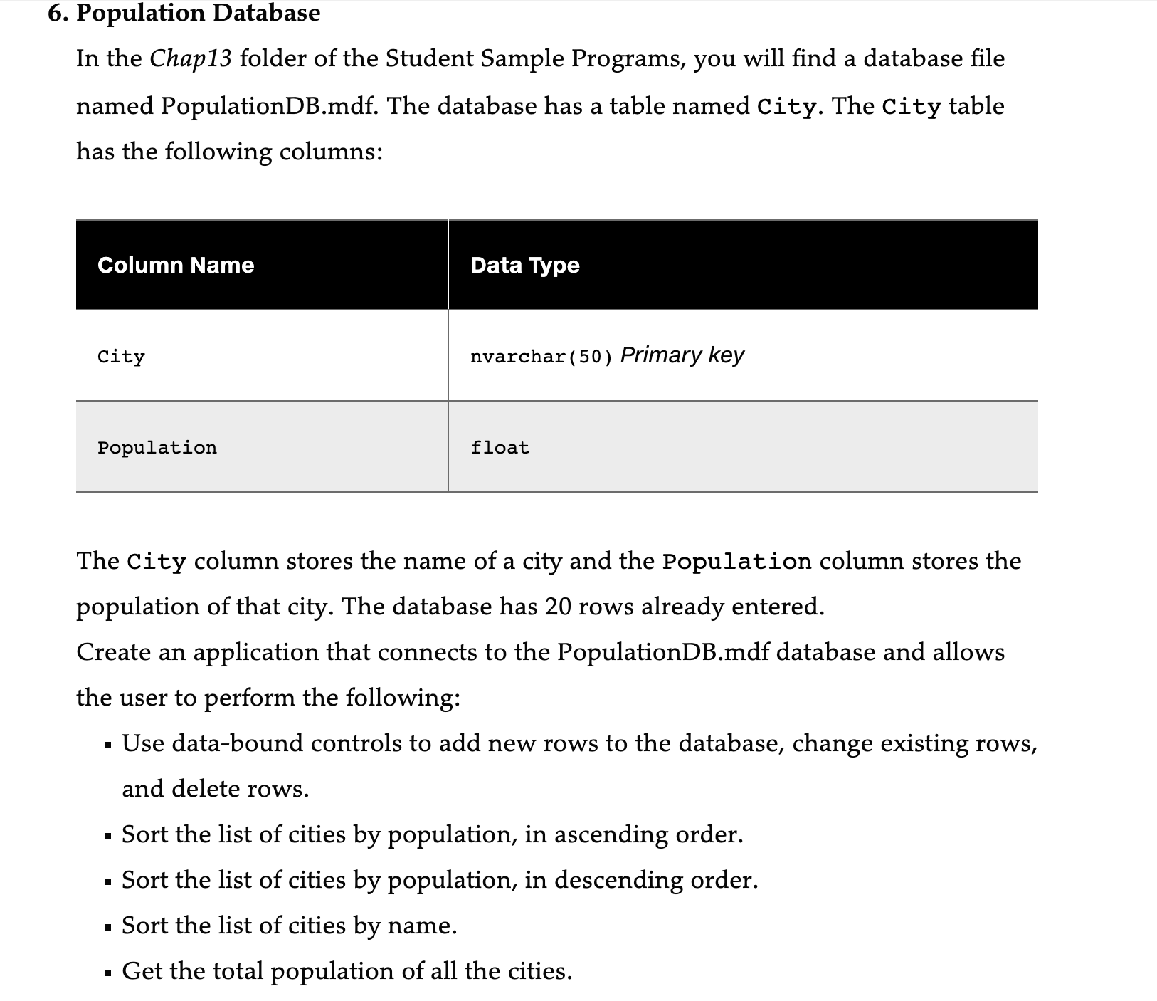 6 . Population Database C# In the Chap 1 3 folder