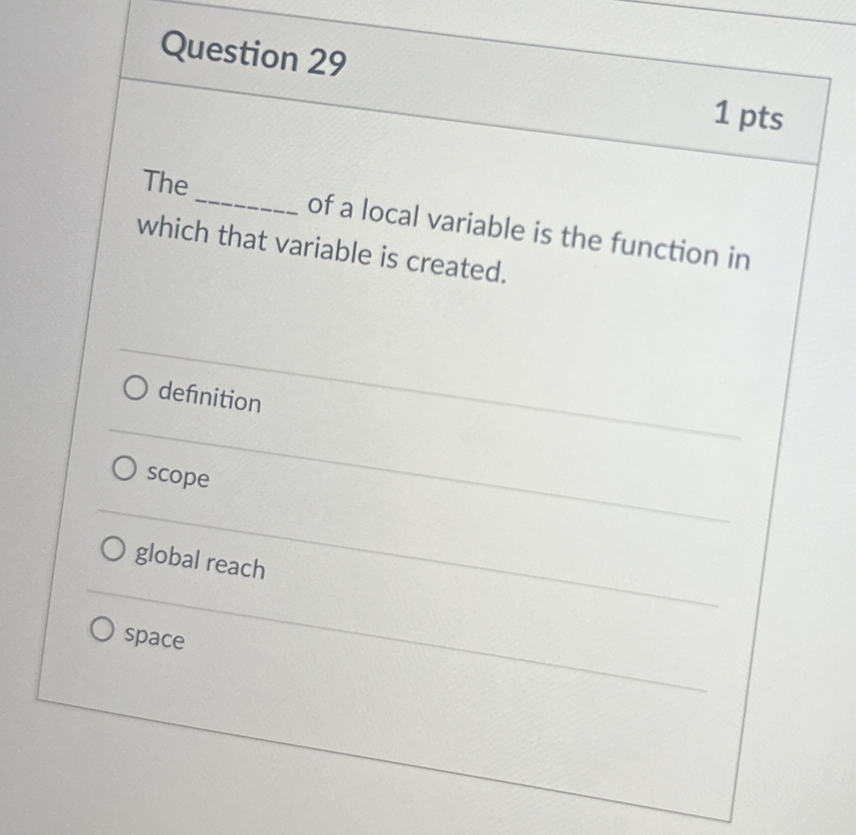 Question 2 9 The of a local variable is the