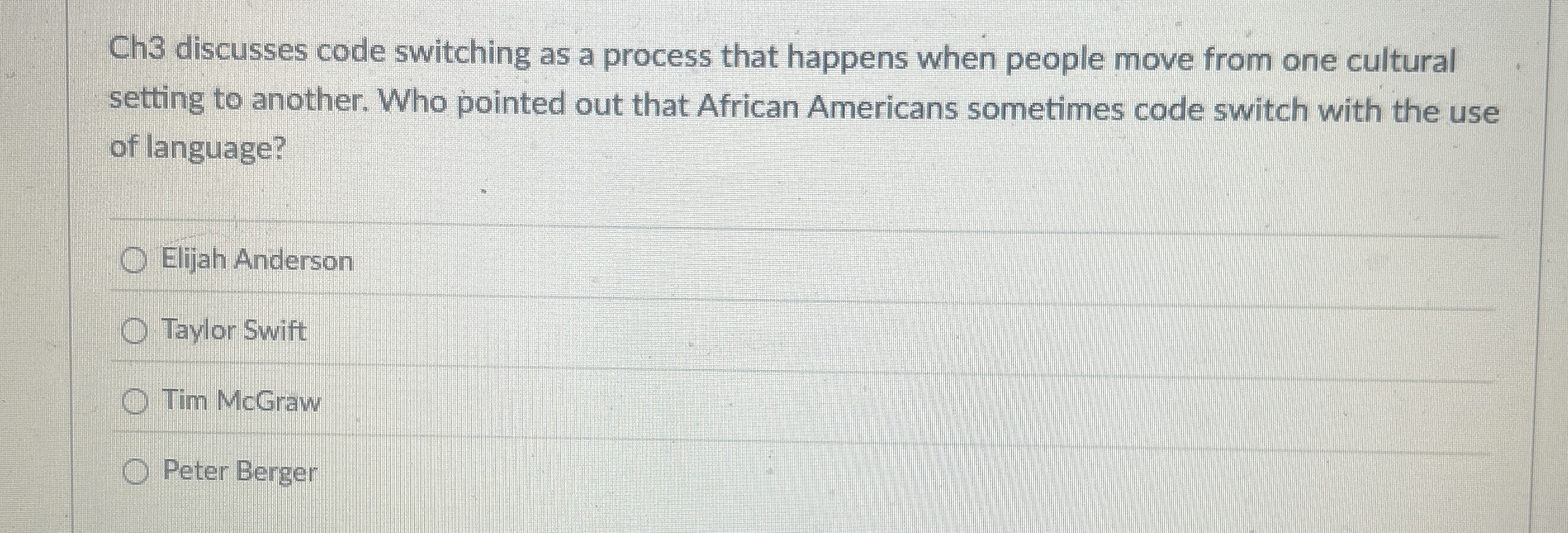Ch 3 discusses code switching as a process that