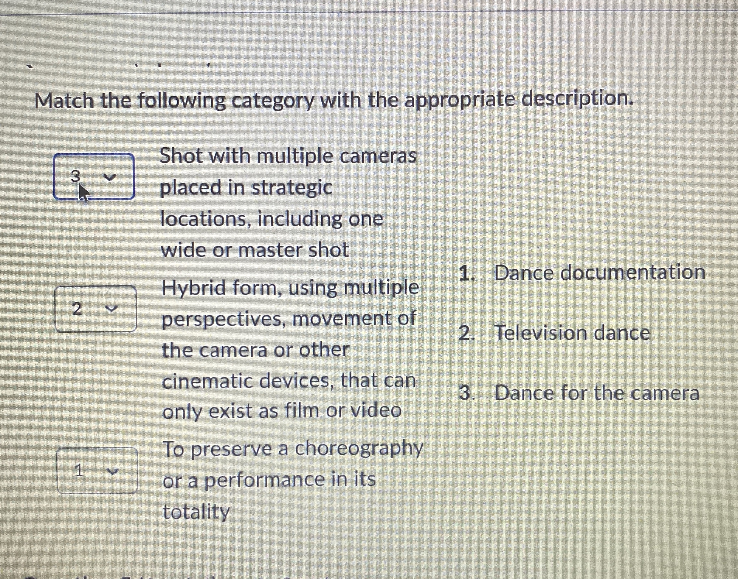 Match the following category with the appropriate