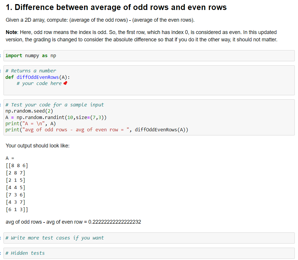 Numpy Exercises: In this assignment, we have a