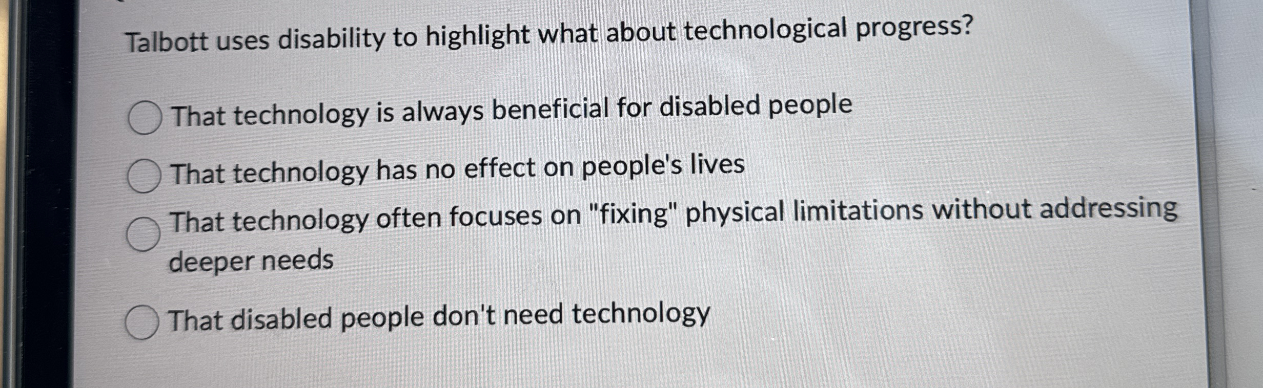 Talbott uses disability to highlight what about