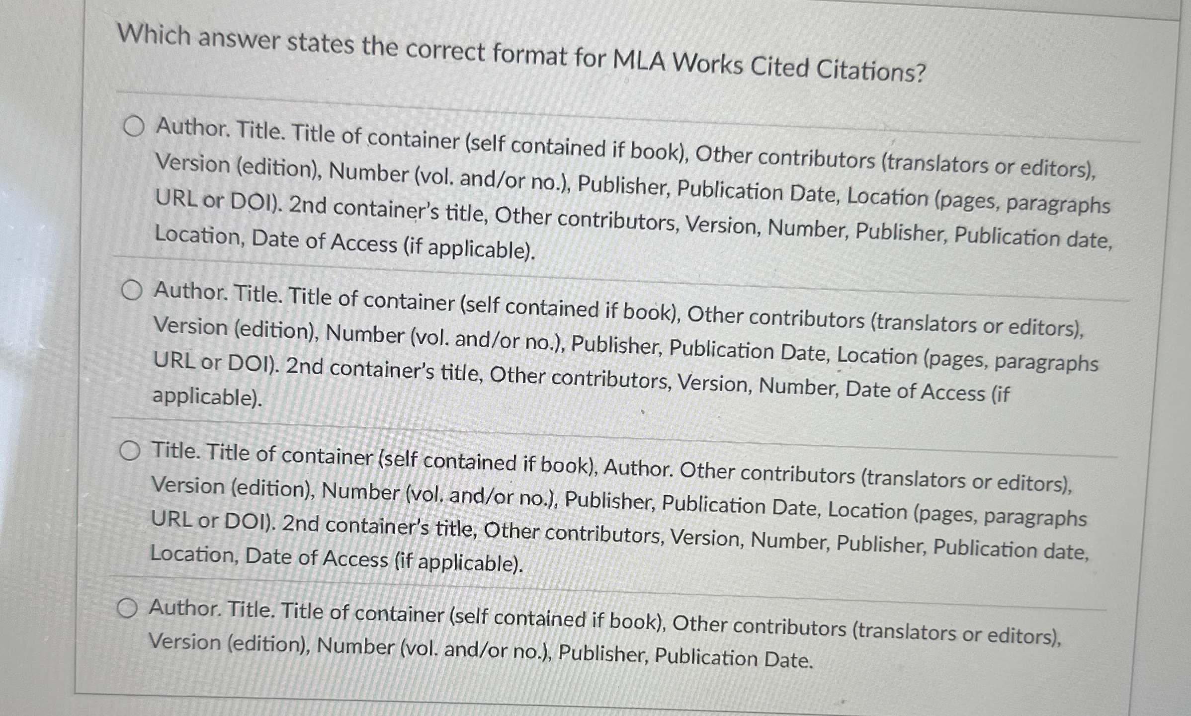 Which answer states the correct format for MLA